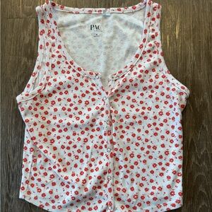 PacSun White Tank Top with Red Floral Print and Button Front